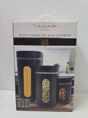 Tahari Home 18K Signature 3-Pc Glass Canister Set Matte Black NEW
